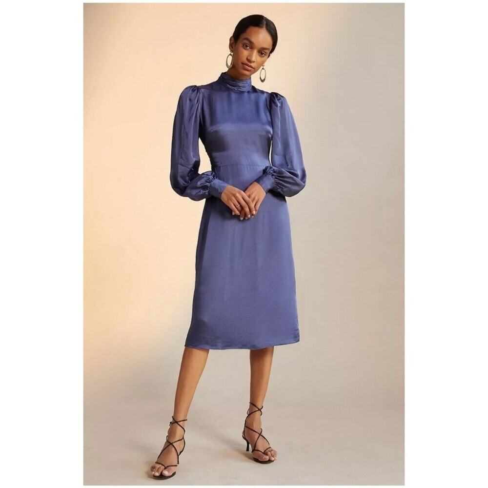 Hutch Open-Back Puff Sleeve Midi Dress in Blue Size 8